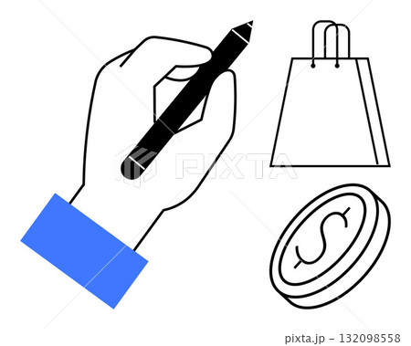 Hand holding pen with blue cuff, shopping bag, and coin. Ideal for business, retail, marketing finance design e-commerce branding. Line metaphor. Simple line icons Hand holding pen with blue cuff, shopping bag, and coin. Ideal for business, retail, marketing finance design e-commerce branding. Line metaphor. Simple line icons 132098558