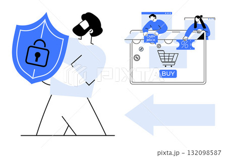 User holding a security shield beside an online shopping interface with offers and a buy button. Ideal for e-commerce, cybersecurity, online payments, data protection, digital marketing, user User holding a security shield beside an online shopping interface with offers and a buy button. Ideal for e-commerce, cybersecurity, online payments, data protection, digital marketing, user 132098587