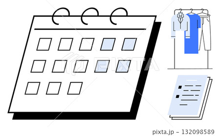 Calendar with highlighted dates, stack of documents, and hanging clothes rack. Ideal for scheduling, organizing, planning, productivity, time management, business operations personal development Calendar with highlighted dates, stack of documents, and hanging clothes rack. Ideal for scheduling, organizing, planning, productivity, time management, business operations personal development 132098589