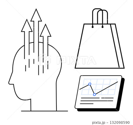 Human head with upward arrows, shopping bag, and a tablet with a graph. Ideal for marketing, consumer psychology, business growth, data analysis, retail strategy, sales performance creative Human head with upward arrows, shopping bag, and a tablet with a graph. Ideal for marketing, consumer psychology, business growth, data analysis, retail strategy, sales performance creative 132098590