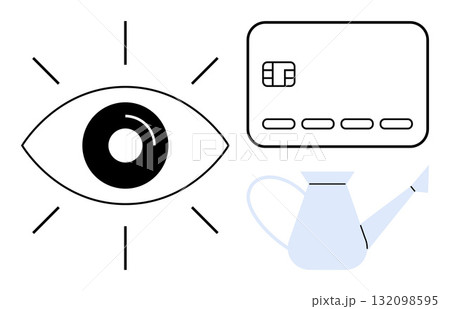 Eye with radiating lines beside a credit card and watering can. Ideal for financial growth, security, investment, savings, banking, vigilance, and nurturing prosperity. Line metaphor Eye with radiating lines beside a credit card and watering can. Ideal for financial growth, security, investment, savings, banking, vigilance, and nurturing prosperity. Line metaphor 132098595