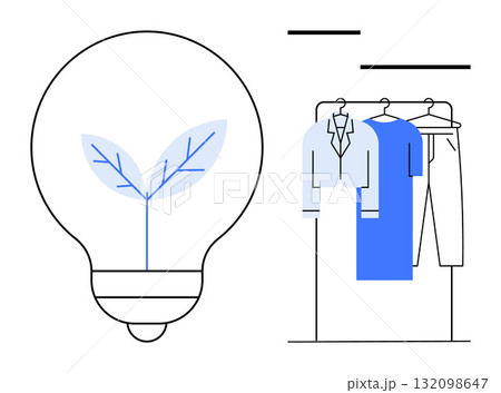 Light bulb with plant inside represents eco-friendly ideas. Wardrobe holding clothes thumbs up shirts, dresses, and pants on hangers. Ideal for sustainability, fashion, innovation, design Light bulb with plant inside represents eco-friendly ideas. Wardrobe holding clothes thumbs up shirts, dresses, and pants on hangers. Ideal for sustainability, fashion, innovation, design 132098647