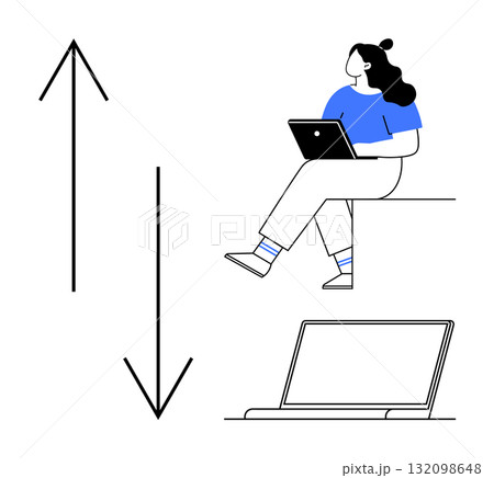 Woman with laptop sitting on a ledge, arrows pointing up and down, laptop computer. Ideal for communication, technology, remote work, digital marketing, education, data exchange, connectivity. Line 132098648