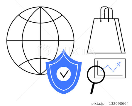 Globe representing global reach, shield for security, shopping bag for ecommerce, magnifying glass over graph suggesting data analysis. Ideal for online shopping, cybersecurity, global business, data Globe representing global reach, shield for security, shopping bag for ecommerce, magnifying glass over graph suggesting data analysis. Ideal for online shopping, cybersecurity, global business, data 132098664
