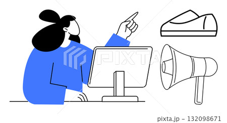 Woman in blue shirt pointing at computer monitor with shoes and megaphone nearby. Ideal for marketing, communication, online shopping, e-commerce, social media, customer engagement, workplace Woman in blue shirt pointing at computer monitor with shoes and megaphone nearby. Ideal for marketing, communication, online shopping, e-commerce, social media, customer engagement, workplace 132098671