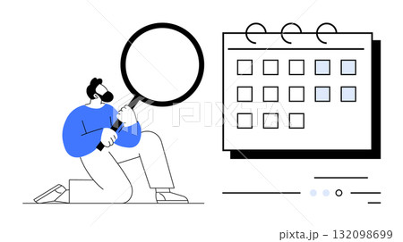 Man with magnifying glass kneeling in front of a calendar, highlighting specific dates. Ideal for scheduling, planning, appointments, deadline tracking, productivity, project management, event Man with magnifying glass kneeling in front of a calendar, highlighting specific dates. Ideal for scheduling, planning, appointments, deadline tracking, productivity, project management, event 132098699
