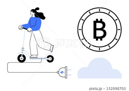 Woman on electric scooter, large Bitcoin symbol, cloud icon, and power plug. Ideal for technology, cryptocurrency, eco-friendly transportation, digital finance, modern lifestyle, renewable energy 132098703