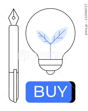 Fountain pen, bulb with plant growing, blue BUY button. Ideal for eco-friendly products, sustainable shopping, green energy campaigns, innovation, product marketing, education, online shopping. Line Fountain pen, bulb with plant growing, blue BUY button. Ideal for eco-friendly products, sustainable shopping, green energy campaigns, innovation, product marketing, education, online shopping. Line 132098727