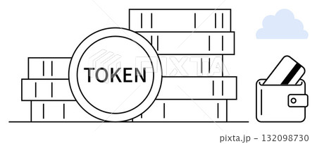 Stacks of tokens labeled TOKEN next to a wallet holding a credit card and a cloud above. Ideal for finance, cryptocurrency, digital wallets, online transactions, fintech, security, investment. Line 132098730