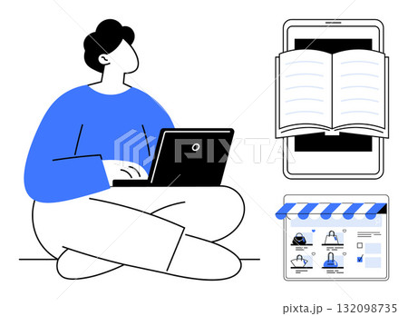 Person seated with laptop. Open book displayed on smartphone screen. Website with striped awning. Ideal for online education, e-commerce, digital learning, remote work, technology, online shopping 132098735