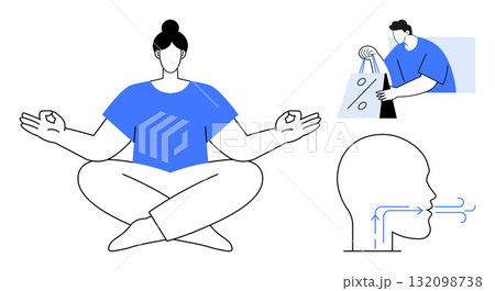 Person meditating, another person shopping, and a diagram of breathing. Ideal for mindfulness, shopping, healthcare, stress relief, mental health lifestyle and wellness. Line metaphor 132098738