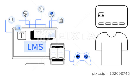 Desktop with LMS interface, open book on tablet, game controller, credit card, and T-shirt. Ideal for e-learning, digital education, gamification, online transactions e-commerce instructional 132098746
