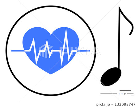 Blue heart with ECG line inside a circle next to a musical note. Ideal for healthcare, wellness, music therapy, cardiology, mental health, fitness, and relaxation themes. Line metaphor 132098747