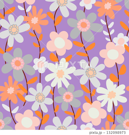 Seamless botanical pattern with abstract flowers on lilac background, Flat vector illustration	 132098973