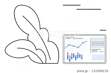 Bar and line graphs on digital dashboard beside large plant leaves. Ideal for business growth, data analysis, sustainability, eco-business, technology integration, market trends, environmental Bar and line graphs on digital dashboard beside large plant leaves. Ideal for business growth, data analysis, sustainability, eco-business, technology integration, market trends, environmental 132099216