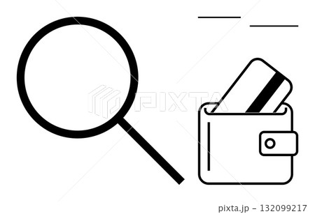 Magnifying glass examining a wallet containing a credit card. Ideal for finance, security, fraud detection, banking, auditing, personal finance management, online transactions. Line metaphor 132099217