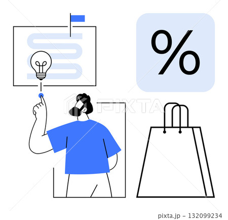 Man pointing at lightbulb with winding path, percentage symbol, and shopping bag. Ideal for business, marketing, strategy, innovation, shopping sales and discounts. Line metaphor Man pointing at lightbulb with winding path, percentage symbol, and shopping bag. Ideal for business, marketing, strategy, innovation, shopping sales and discounts. Line metaphor 132099234