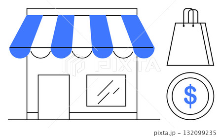 Storefront with blue-striped awning, glass display, and shopping door plus bag and dollar coin at right. Ideal for retail, business, small business, shopping, e-commerce sales currency. Line Storefront with blue-striped awning, glass display, and shopping door plus bag and dollar coin at right. Ideal for retail, business, small business, shopping, e-commerce sales currency. Line 132099235