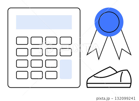 Calculator, award ribbon, and shoe showcasing elements of business efficiency and achievement. Ideal for business strategy, finance, corporate success, achievement, productivity, organizational Calculator, award ribbon, and shoe showcasing elements of business efficiency and achievement. Ideal for business strategy, finance, corporate success, achievement, productivity, organizational 132099241