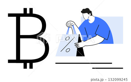 Person with blue shirt holding a shopping bag marked with a discount symbol, beside a large Bitcoin symbol. Ideal for depicting cryptocurrency shopping, e-commerce, discounts, fintech, digital Person with blue shirt holding a shopping bag marked with a discount symbol, beside a large Bitcoin symbol. Ideal for depicting cryptocurrency shopping, e-commerce, discounts, fintech, digital 132099245