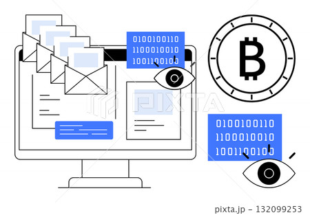 Computer monitor with emails, binary code, Bitcoin symbol, and surveillance symbols represented graphically. Ideal for cybersecurity, email protection, data security, cryptocurrency, digital privacy 132099253
