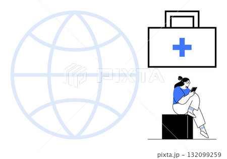 Large globe, medical bag with cross, woman sitting and using smartphone. Ideal for healthcare technology, global health, telemedicine, medical services, digital health global communication. Line 132099259