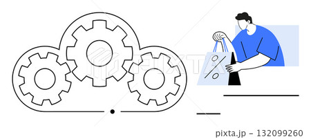 Cloud computing gears symbolize integration a person holds shopping bags. Ideal for digital business, retail technology, e-commerce, cloud services, online shopping, customer experience, automation Cloud computing gears symbolize integration a person holds shopping bags. Ideal for digital business, retail technology, e-commerce, cloud services, online shopping, customer experience, automation 132099260
