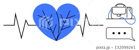 Heart with leaf pattern inside, black heartbeat line, blue messenger bag, speech bubble with ellipsis. Ideal for medical themes, healthcare, communication, technology, nature, business, education Heart with leaf pattern inside, black heartbeat line, blue messenger bag, speech bubble with ellipsis. Ideal for medical themes, healthcare, communication, technology, nature, business, education 132099261