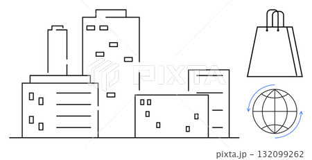 Buildings representing urban cityscape, shopping bag, and globe with arrows symbolizing commerce. Ideal for urban development, online shopping, global trade, real estate, business growth, e-commerce Buildings representing urban cityscape, shopping bag, and globe with arrows symbolizing commerce. Ideal for urban development, online shopping, global trade, real estate, business growth, e-commerce 132099262