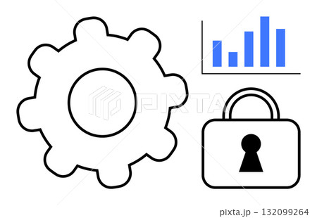 Gear representing productivity, bar chart illustrating data analysis, lock symbolizing security. Ideal for technology, business, productivity, data analysis, security, efficiency and management 132099264