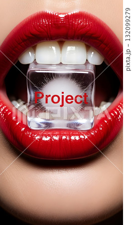 Woman with red lipstick holding an ice cube with the word project 132099279