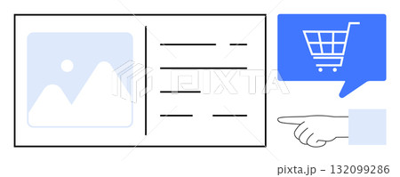 Product listing with image, text details, hand pointing to blue speech bubble containing shopping cart icon. Ideal for e-commerce, retail, web design concepts, online shopping tutorials, digital 132099286