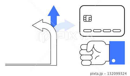 Three arrows indicate direction options beside credit card and hand symbol. Ideal for financial planning, payment methods, banking, decision making, transactions, personal finance, e-commerce. Line Three arrows indicate direction options beside credit card and hand symbol. Ideal for financial planning, payment methods, banking, decision making, transactions, personal finance, e-commerce. Line 132099324