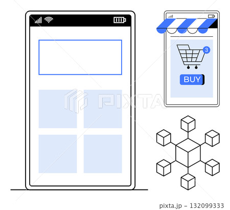 Two smartphone screens, one with a blank interface and the other with a shopping cart icon, combine with a network of interconnected cubes. Ideal for e-commerce, app development, technology, digital Two smartphone screens, one with a blank interface and the other with a shopping cart icon, combine with a network of interconnected cubes. Ideal for e-commerce, app development, technology, digital 132099333