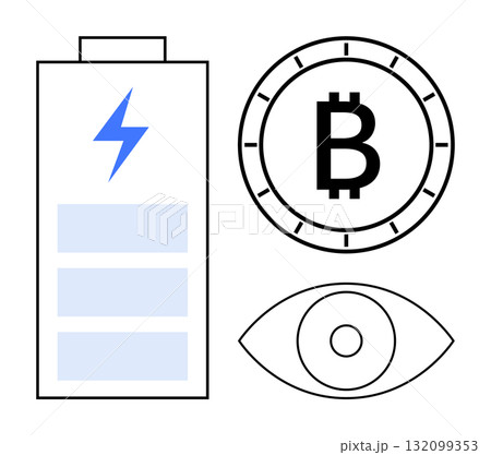 Battery with a blue lightning bolt, Bitcoin symbol in a coin, and an eye icon. Ideal for technology, cryptocurrency, energy efficiency, fintech, digital finance, surveillance, innovation. Line 132099353