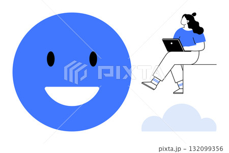 Large blue happy face next to a person sitting on a platform edge using a laptop, accompanied by a cloud symbol. Ideal for digital communication, online learning, social media, positive emotions Large blue happy face next to a person sitting on a platform edge using a laptop, accompanied by a cloud symbol. Ideal for digital communication, online learning, social media, positive emotions 132099356