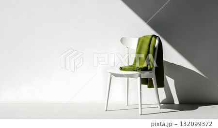 White chair with a green blanket in a minimalist setting. White chair with a green blanket in a minimalist setting. 132099372