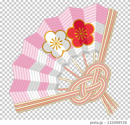 Beautiful Japanese plum pattern folding fan mizuhiki_celebratory New Year decoration vector illustration 132099538