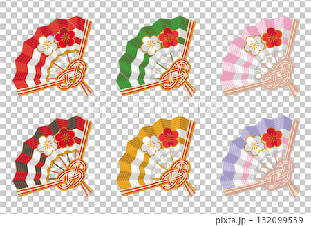 Color variations of plum blossom patterned folding fan mizuhiki - Vector illustration collection for New Year's and Japanese-style designs 132099539