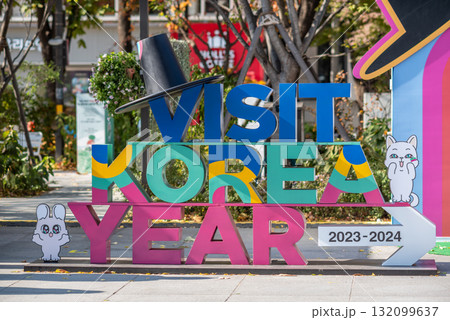 Colorful Visit Korea Year 2023-2024 sign promoting tourism in Seoul, South Korea Colorful Visit Korea Year 2023-2024 sign promoting tourism in Seoul, South Korea 132099637