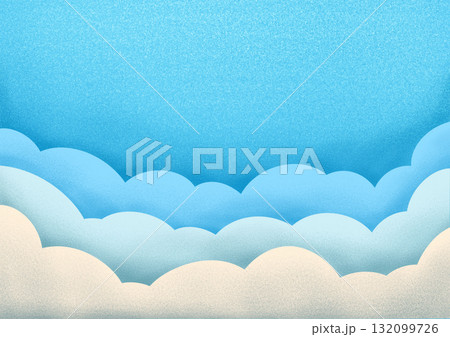 Soft Textured Blue Sky with Layered Fluffy Paper-Cut Clouds Illustration. 132099726
