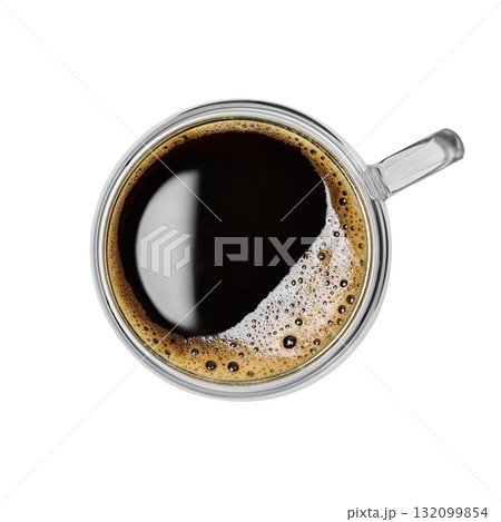 Top view of coffee with foam in glass cup isolated on white background 132099854