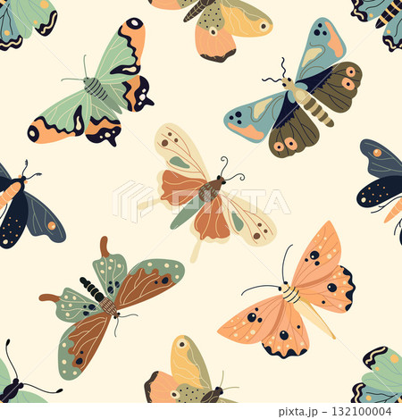 Seamless pattern with beautiful colorful butterflies, flat style vector illustration Seamless pattern with beautiful colorful butterflies, flat style vector illustration 132100004