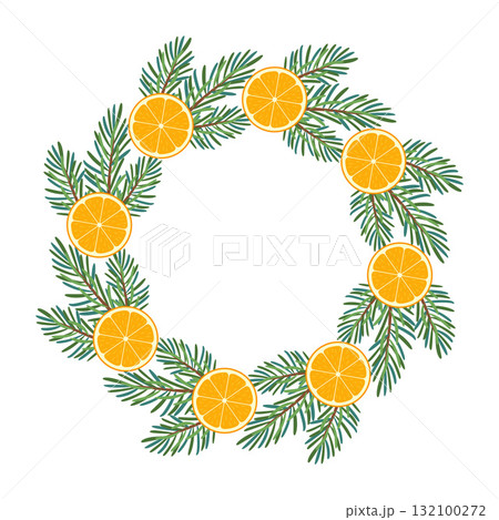 Festive fir wreath with orange slices. New year and Christmas. Simple flat vector design. Festive fir wreath with orange slices. New year and Christmas. Simple flat vector design. 132100272