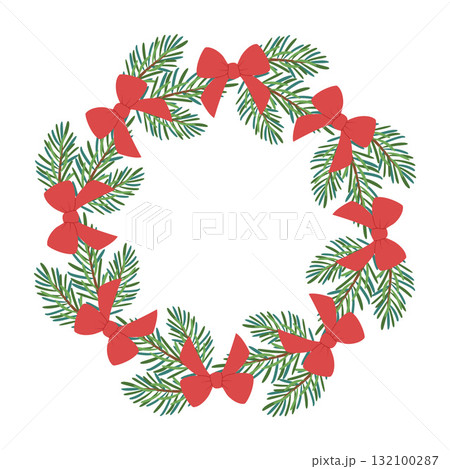 Festive fir wreath with bows. New year and Christmas. Simple flat vector design. Festive fir wreath with bows. New year and Christmas. Simple flat vector design. 132100287