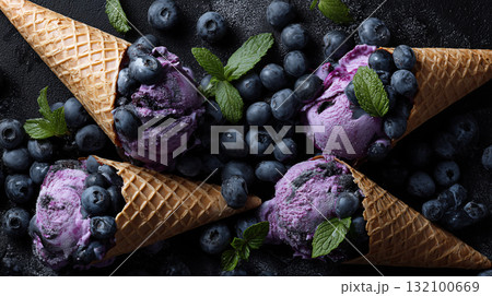 Delicious blueberry ice cream cones with fresh berries and mint leaves 132100669