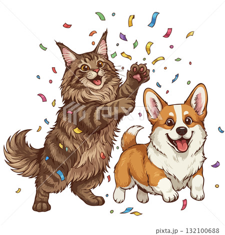 Happy Maine Coon cat and Corgi dog celebrating a party together with confetti, a festive New Year 132100688