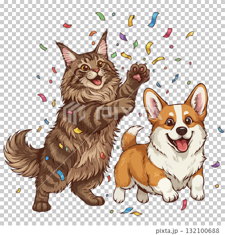 Happy Maine Coon cat and Corgi dog celebrating a party together with confetti, a festive New Year 132100688