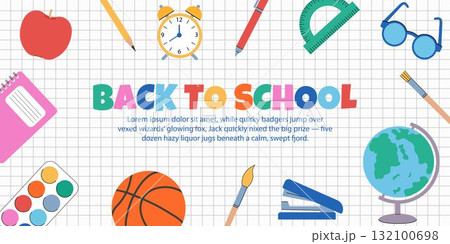Back to school for website, presentation. Vector poster design template with checkered background and school supplies 132100698