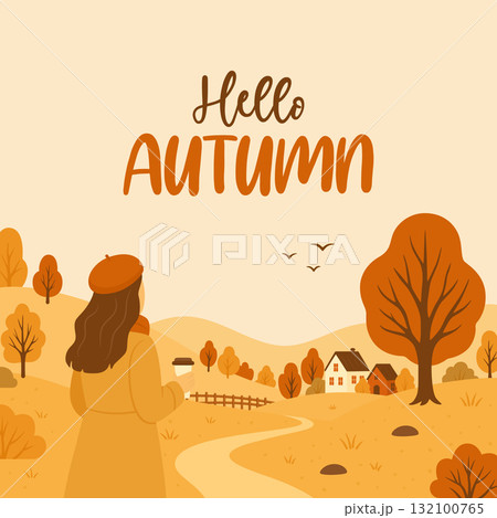 Hello Autumn Landscape, Vector Illustration. Flat Cartoon Girl in Beret with Coffee Cup Looking at Countryside Road, Trees and Village. Square Seasonal Autumn Background, Autumn Scene, Poster 132100765